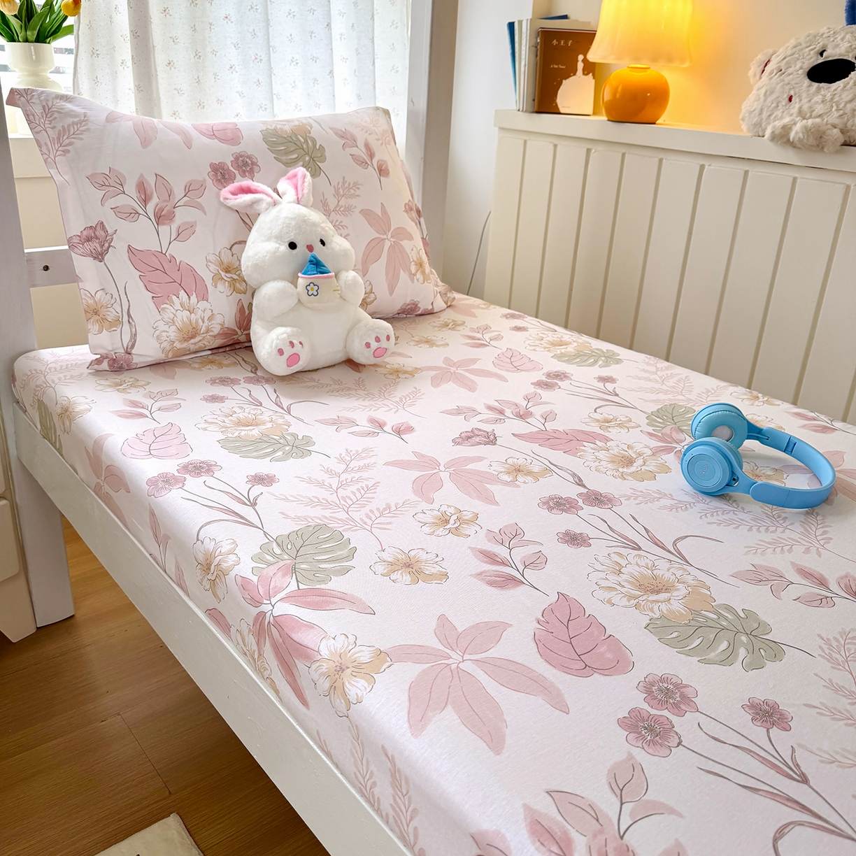 91家纺网 家纺一手货源 找家纺 尚帛 2026新款全棉品质喷气印花爆款四件套 多规格套件 单品系列-学生款单床笠 叶柔粉