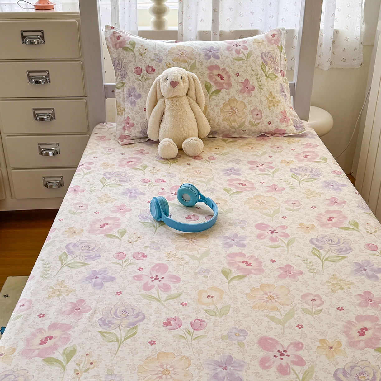 91家纺网 家纺一手货源 找家纺 尚帛 2026新款全棉品质喷气印花爆款四件套 多规格套件 单品系列-学生款单床笠 甜心花朵