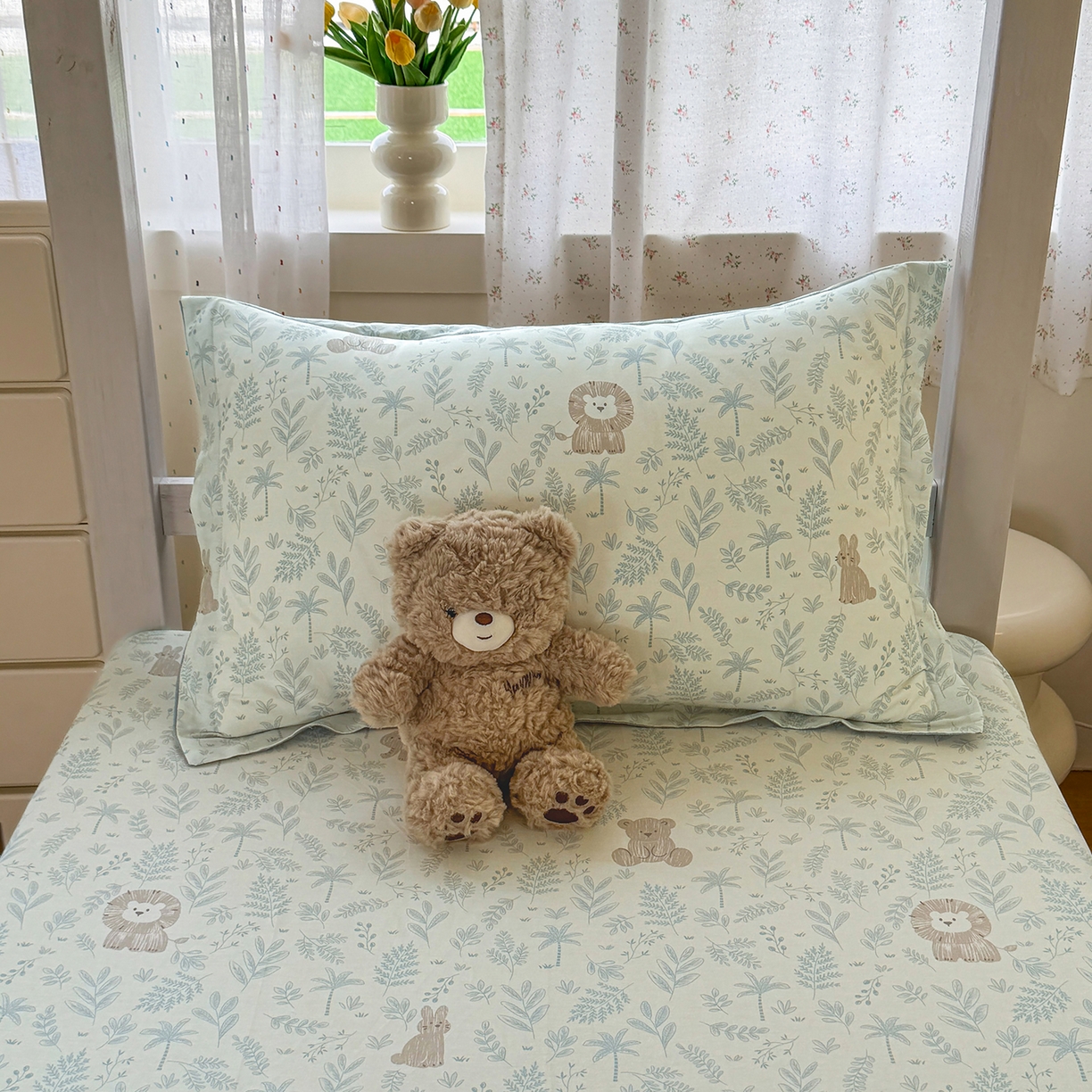 91家纺网 家纺一手货源 找家纺 尚帛 2026新款全棉品质喷气印花爆款四件套 多规格套件 单品系列-学生款单床笠 森林小镇-兰