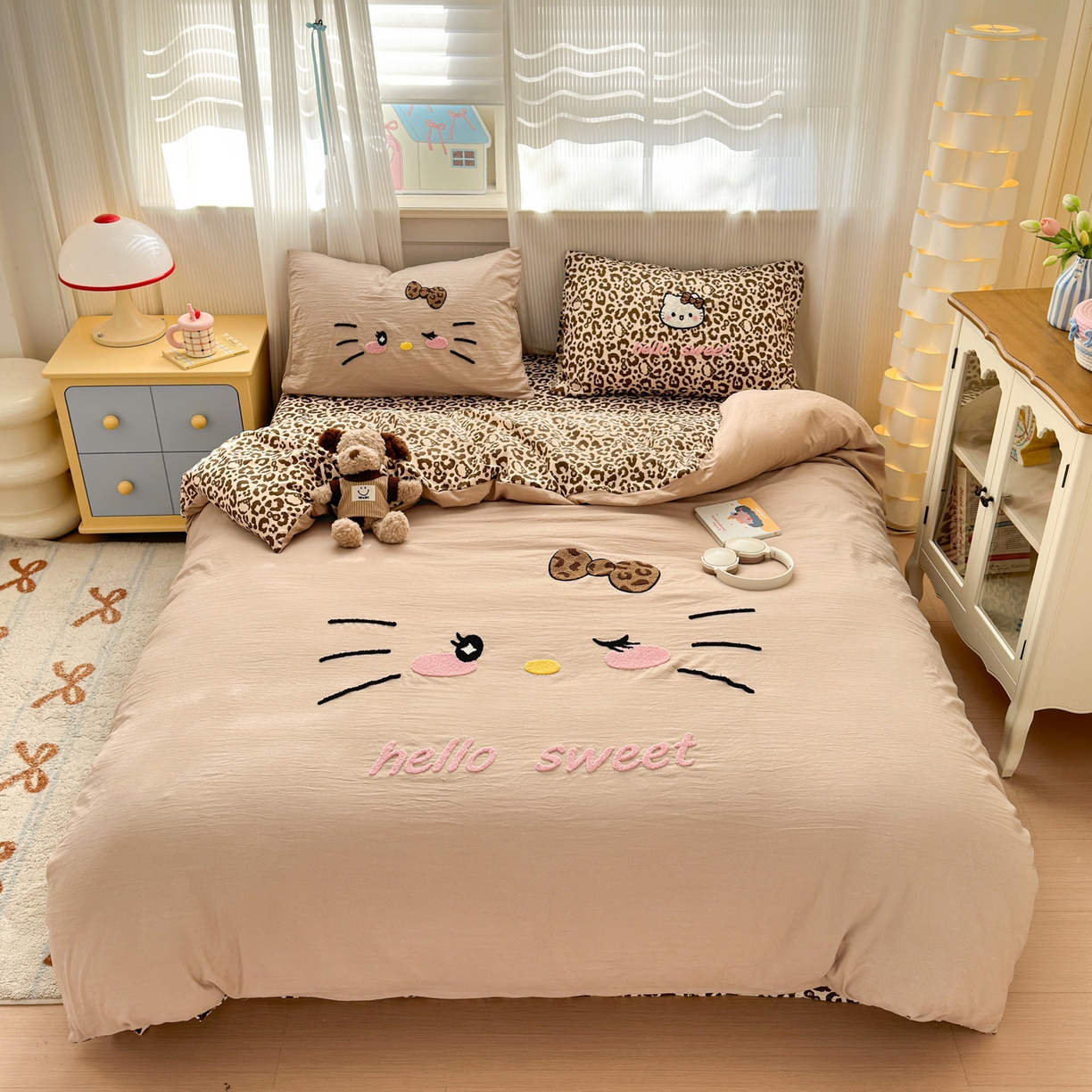 奈颜 2026新款A类水洗棉大版毛巾绣豹纹小猫四件套--影棚图 豹纹小猫-浅咖