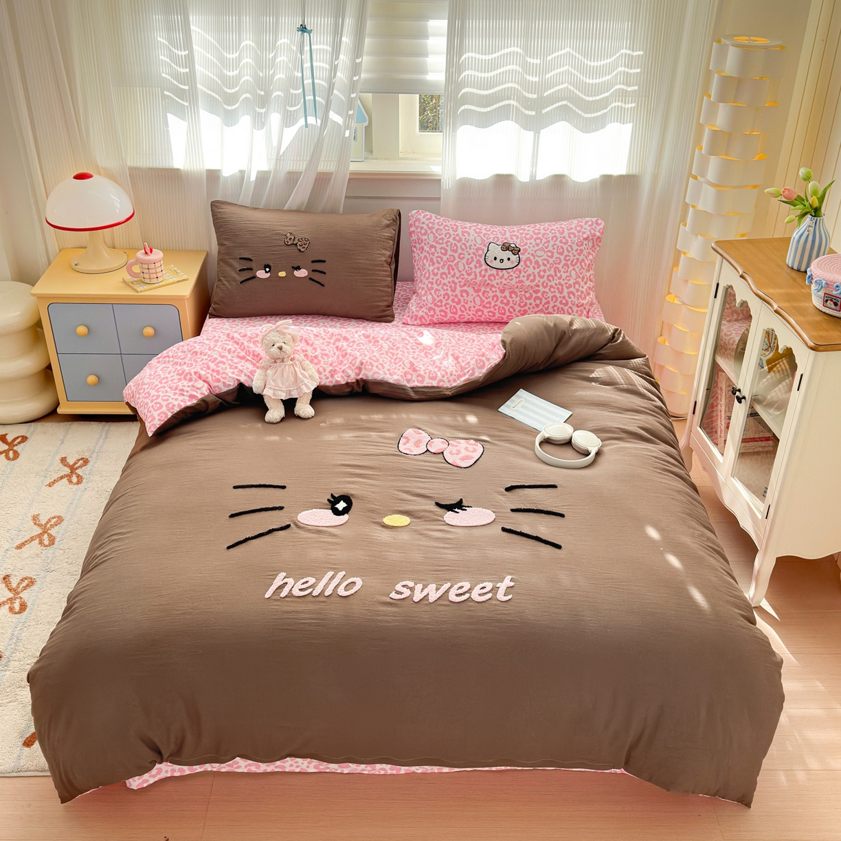 奈颜 2026新款A类水洗棉大版毛巾绣豹纹小猫四件套--影棚图 豹纹小猫-咖粉