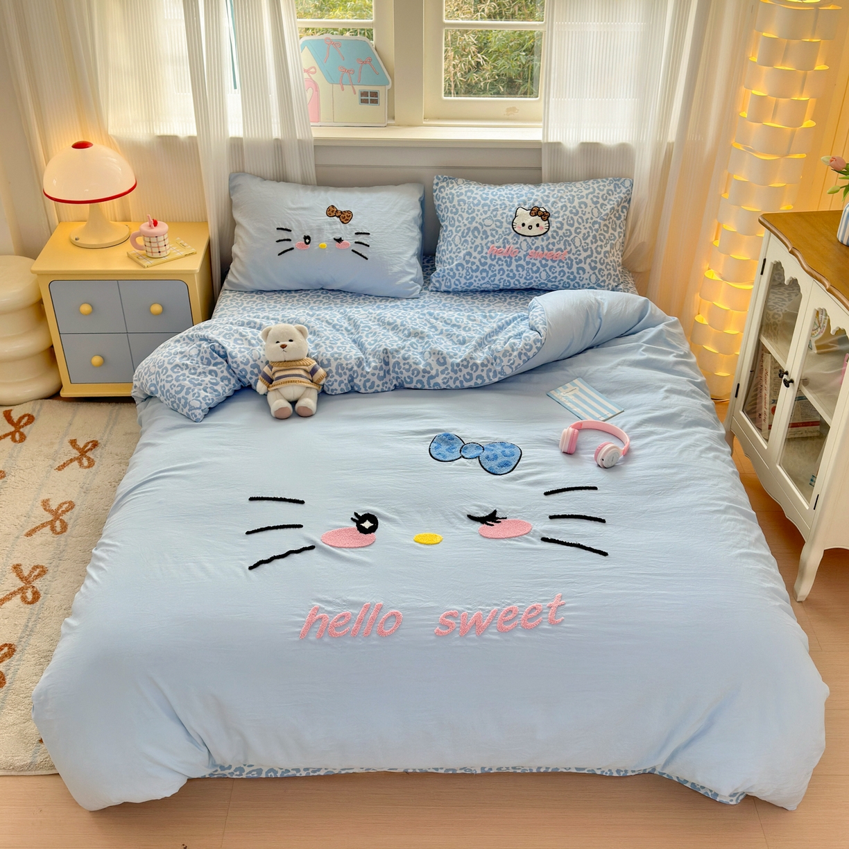 奈颜 2026新款A类水洗棉大版毛巾绣豹纹小猫四件套--影棚图 豹纹小猫-浅蓝