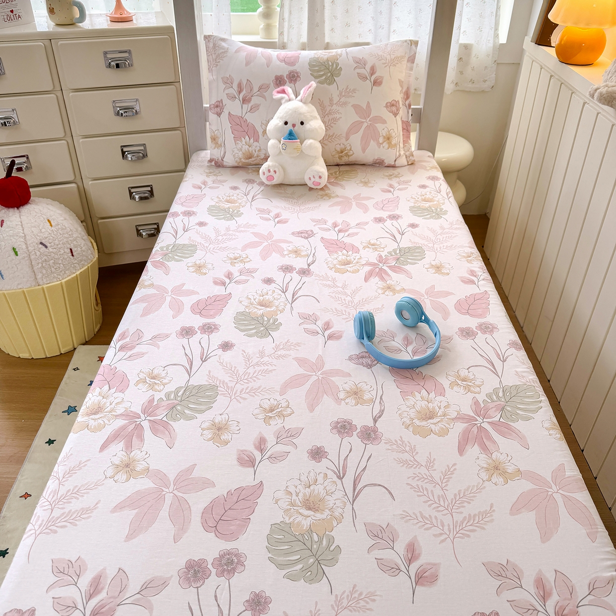 91家纺网 家纺一手货源 找家纺 尚帛 2026新款全棉品质喷气印花爆款四件套 多规格套件 单品系列-学生款单床笠 叶柔粉