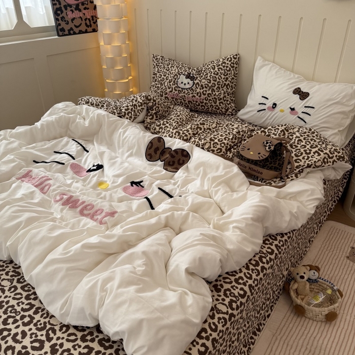 91家纺网 家纺一手货源 找家纺 奈颜 2026新款A类水洗棉大版毛巾绣豹纹小猫四件套--实拍图 豹纹小猫-白咖