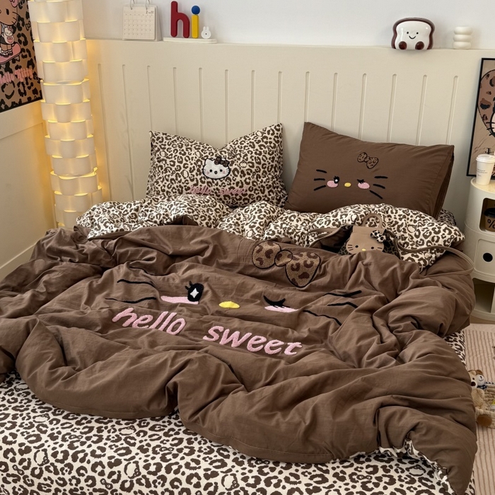 奈颜 2026新款A类水洗棉大版毛巾绣豹纹小猫四件套--实拍图 豹纹小猫-深咖