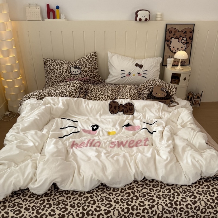 91家纺网 家纺一手货源 找家纺 奈颜 2026新款A类水洗棉大版毛巾绣豹纹小猫四件套--实拍图 豹纹小猫-白咖