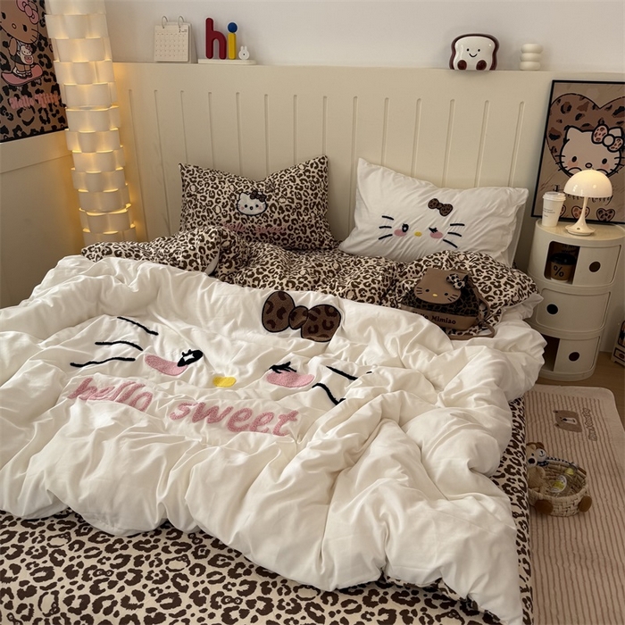 91家纺网 家纺一手货源 找家纺 奈颜 2026新款A类水洗棉大版毛巾绣豹纹小猫四件套--实拍图 豹纹小猫-白咖