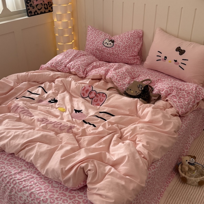 奈颜 2026新款A类水洗棉大版毛巾绣豹纹小猫四件套--实拍图 豹纹小猫-粉