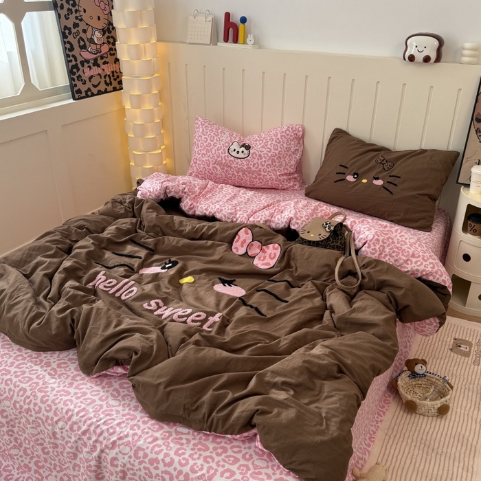 奈颜 2026新款A类水洗棉大版毛巾绣豹纹小猫四件套--实拍图 豹纹小猫-咖粉