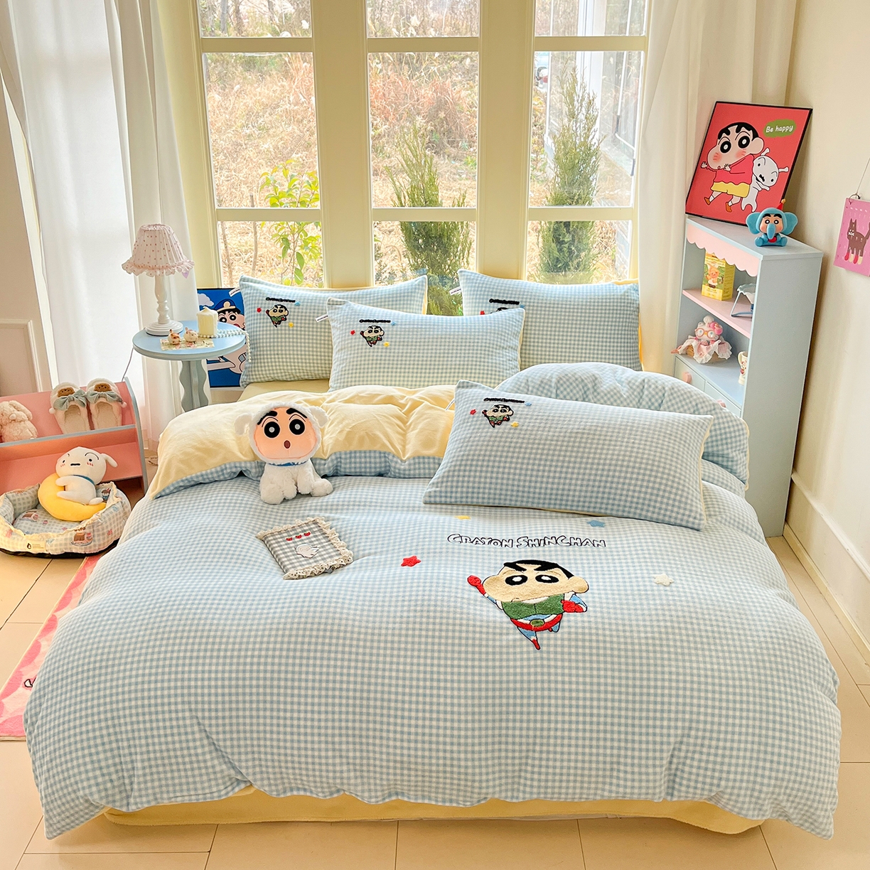 桃子家居 2026新款A类蜡笔小新授权兔毛贴布绣毛巾绣印加绣卡通加厚牛奶绒系列四件套 绒贴布绣-超人小新