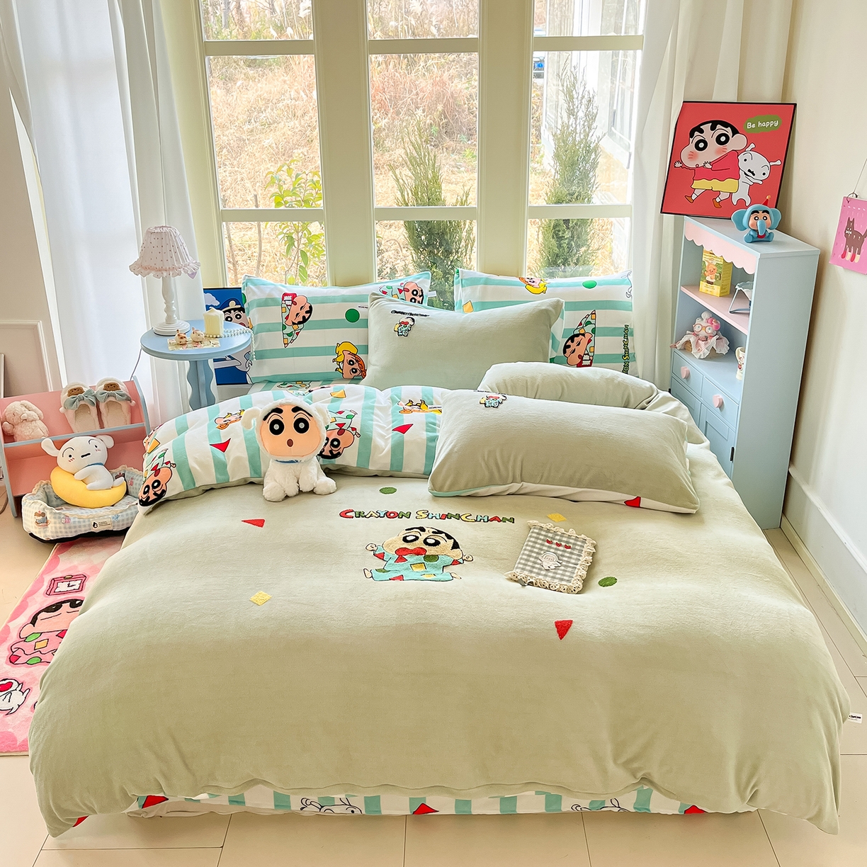 桃子家居 2026新款A类蜡笔小新授权兔毛贴布绣毛巾绣印加绣卡通加厚牛奶绒系列四件套 绒贴布绣-贪睡小新