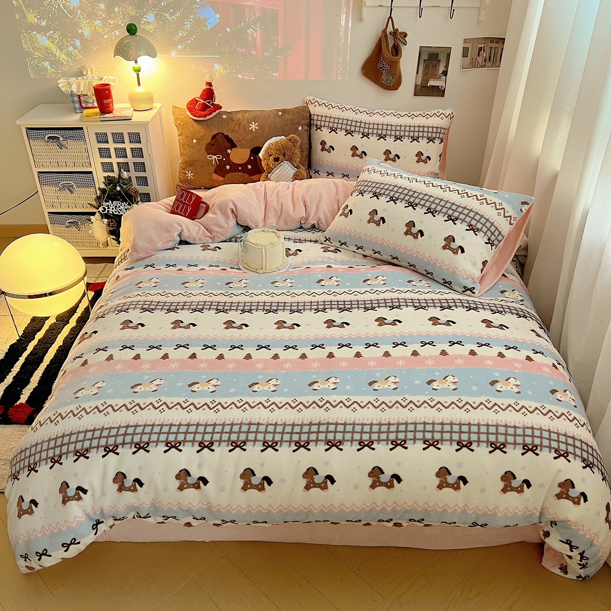 桃子家居 2026新款A类数码印花混搭冬季新年限定猫咪小马加厚牛奶绒四件套 绒-梦幻小马粉