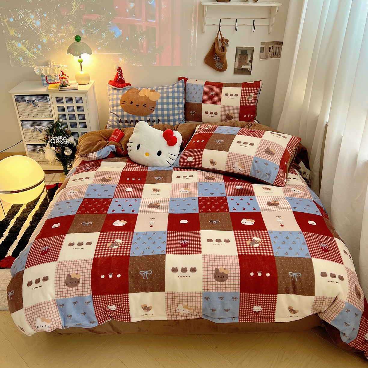 桃子家居 2026新款A类数码印花混搭冬季新年限定猫咪小马加厚牛奶绒四件套 绒-樱桃猫猫红