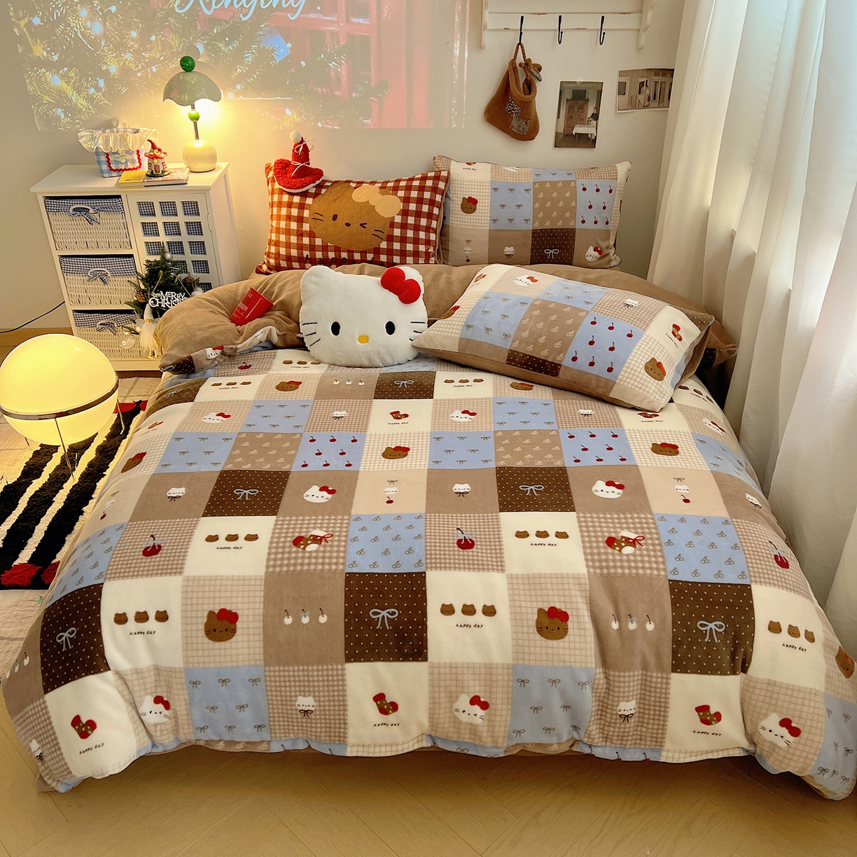 桃子家居 2026新款A类数码印花混搭冬季新年限定猫咪小马加厚牛奶绒四件套 绒-樱桃猫猫咖
