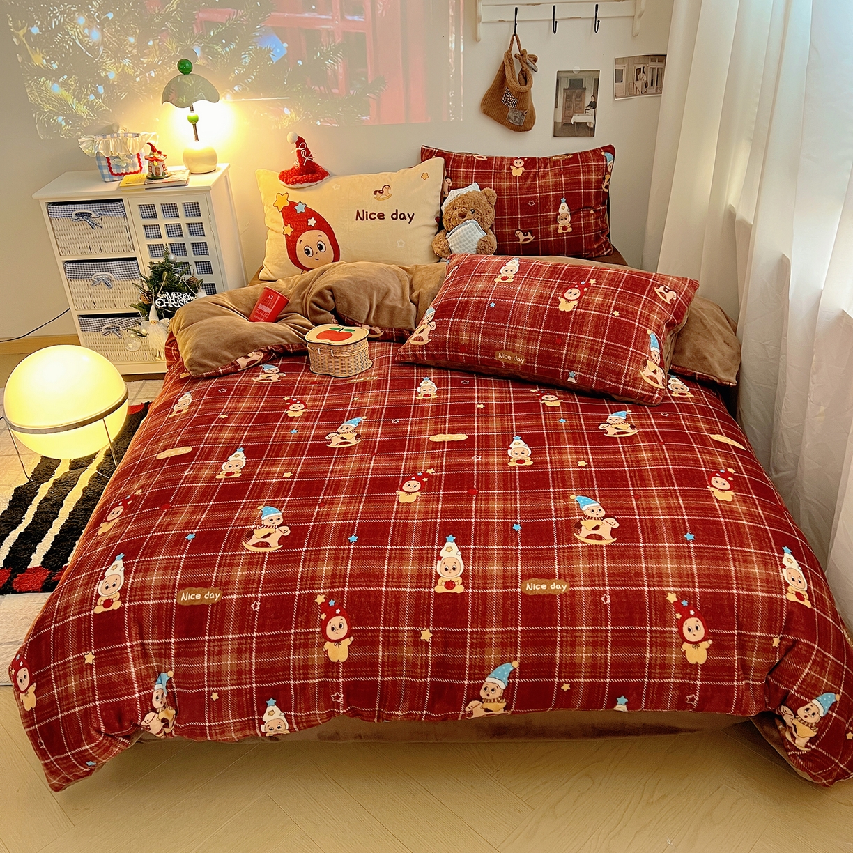 桃子家居 2026新款A类数码印花混搭冬季新年限定猫咪小马加厚牛奶绒四件套 绒-棕糖木马