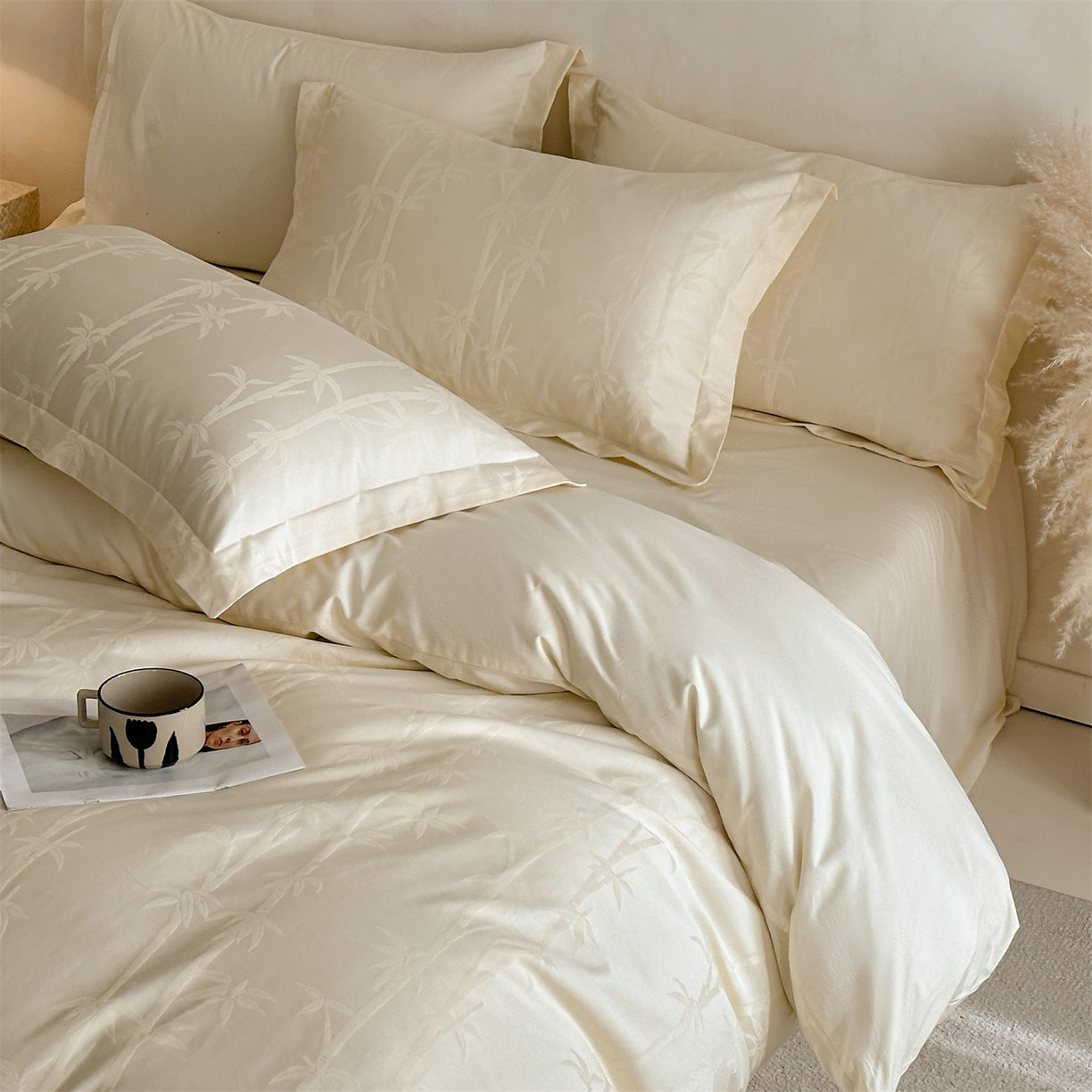 91家纺网 家纺一手货源 找家纺 笙意家纺 2026新款A版60S亮面提花B版13372全棉四件套 清风竹影-嫩绿