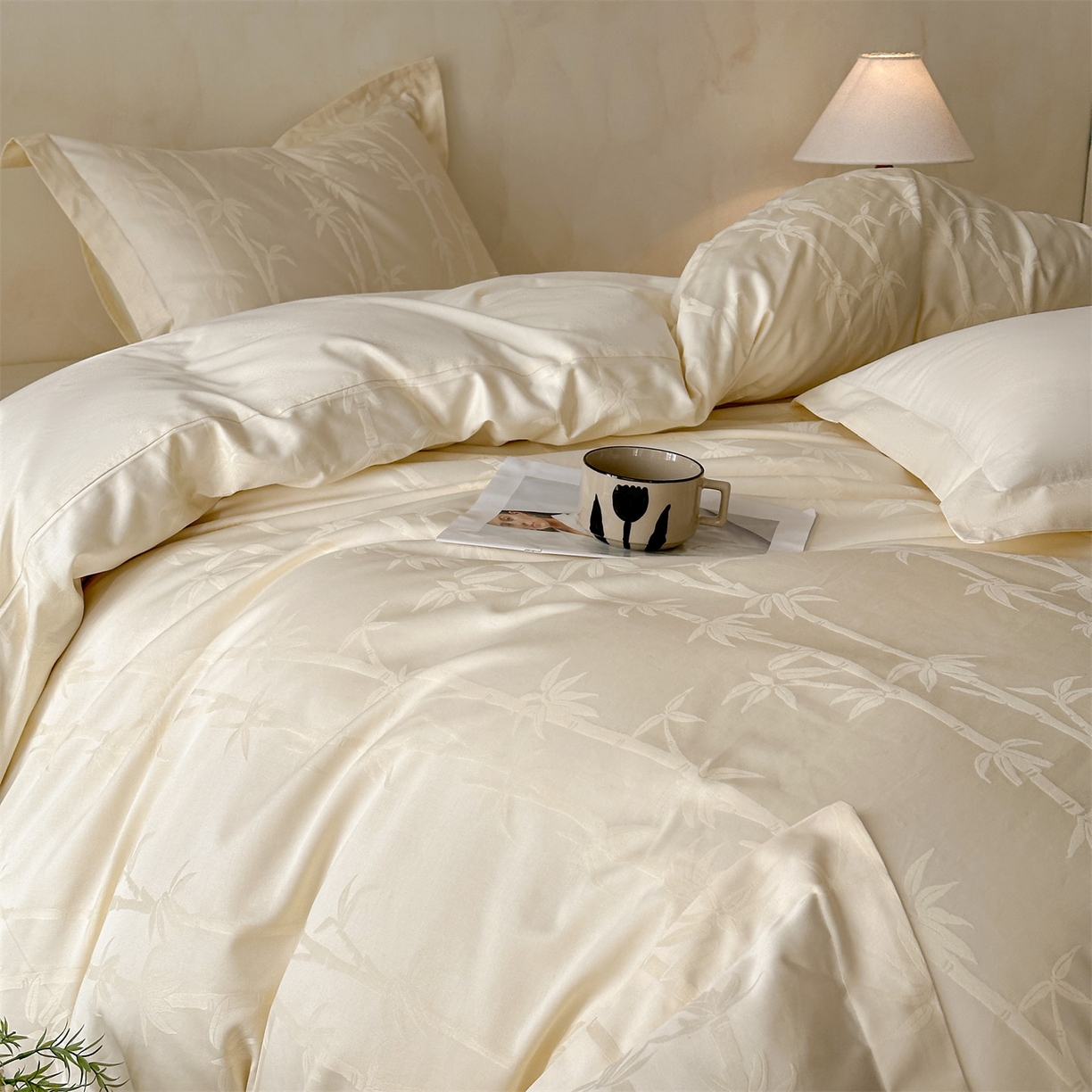 91家纺网 家纺一手货源 找家纺 笙意家纺 2026新款A版60S亮面提花B版13372全棉四件套 清风竹影-嫩绿