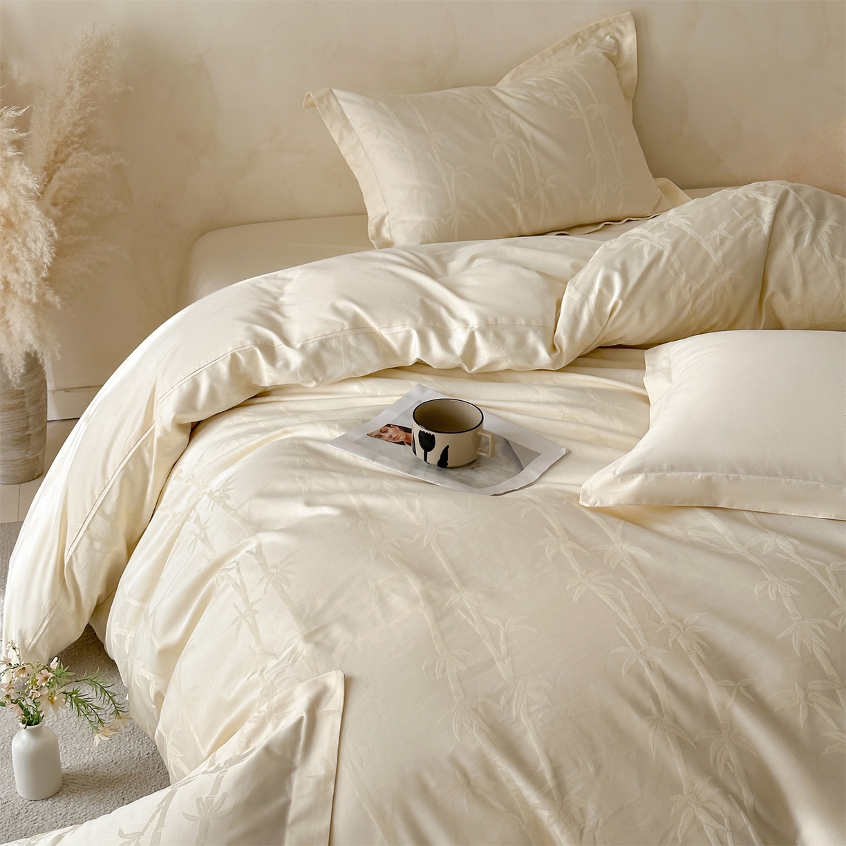 91家纺网 家纺一手货源 找家纺 笙意家纺 2026新款A版60S亮面提花B版13372全棉四件套 清风竹影-嫩绿