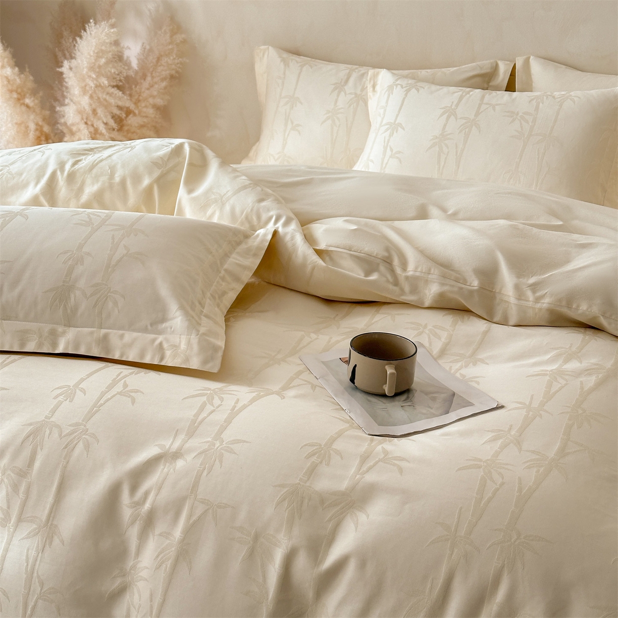 91家纺网 家纺一手货源 找家纺 笙意家纺 2026新款A版60S亮面提花B版13372全棉四件套 清风竹影-嫩绿