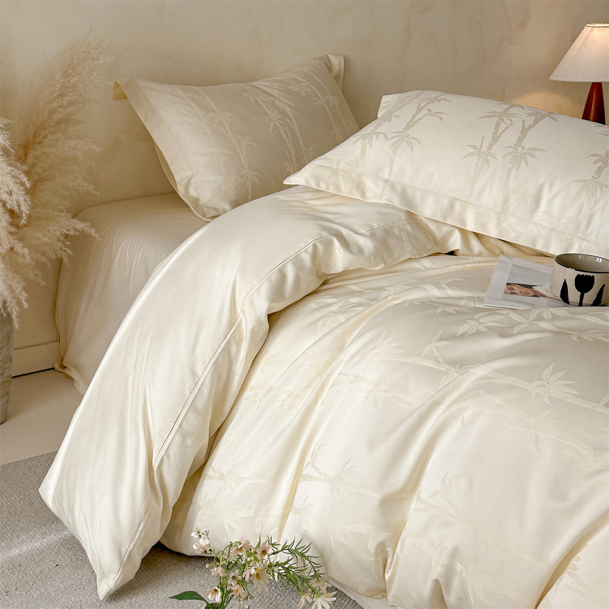 91家纺网 家纺一手货源 找家纺 笙意家纺 2026新款A版60S亮面提花B版13372全棉四件套 清风竹影-嫩绿