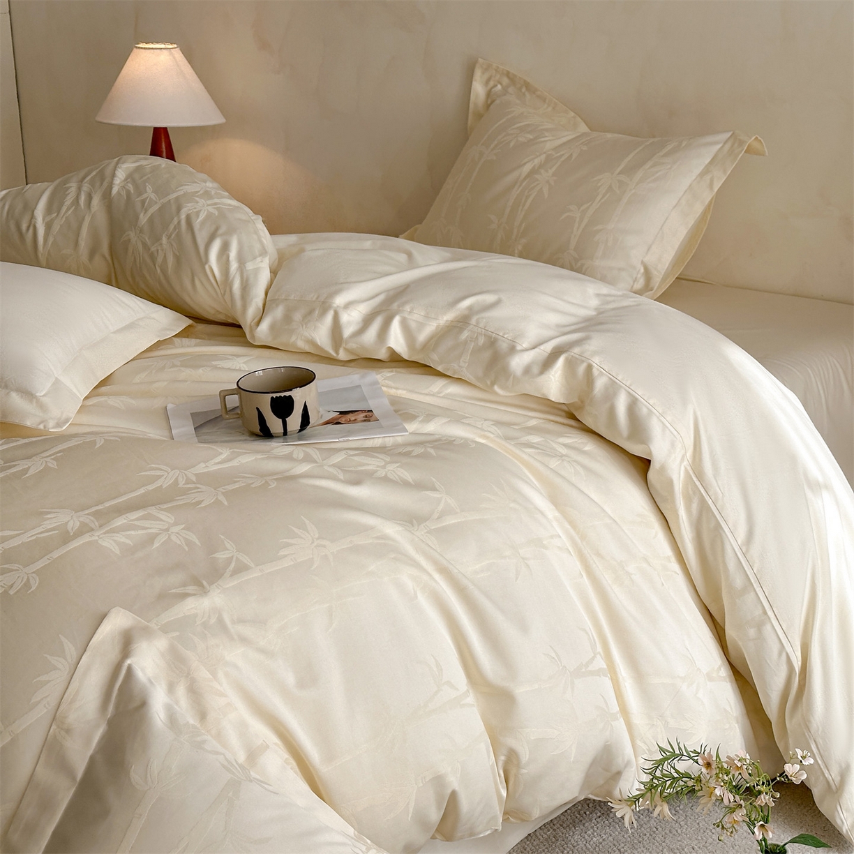 91家纺网 家纺一手货源 找家纺 笙意家纺 2026新款A版60S亮面提花B版13372全棉四件套 清风竹影-嫩绿