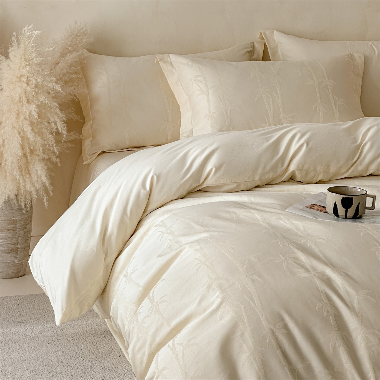 91家纺网 家纺一手货源 找家纺 笙意家纺 2026新款A版60S亮面提花B版13372全棉四件套 清风竹影-嫩绿