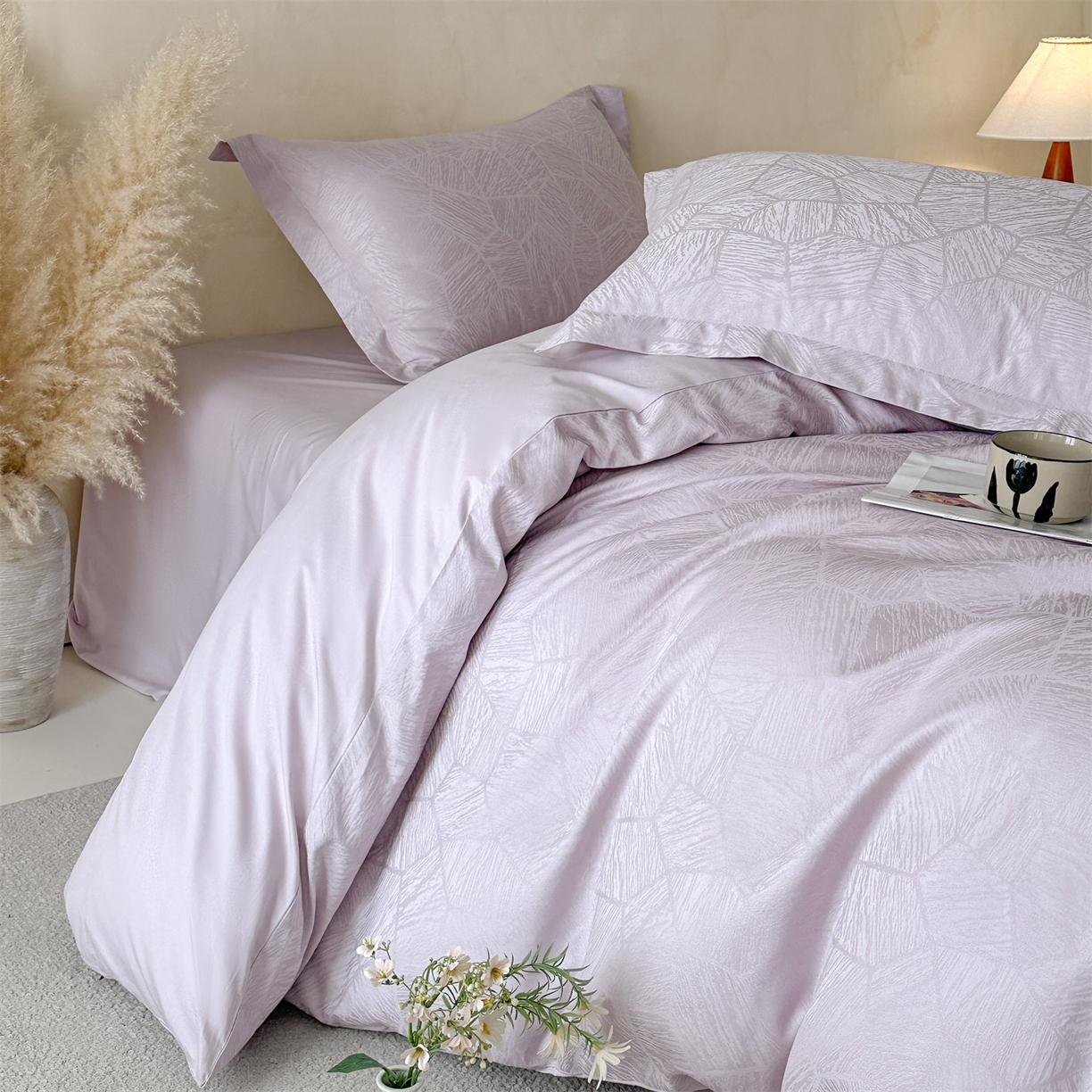 91家纺网 家纺一手货源 找家纺 笙意家纺 2026新款A版60S亮面提花B版13372全棉四件套 夏梦-紫