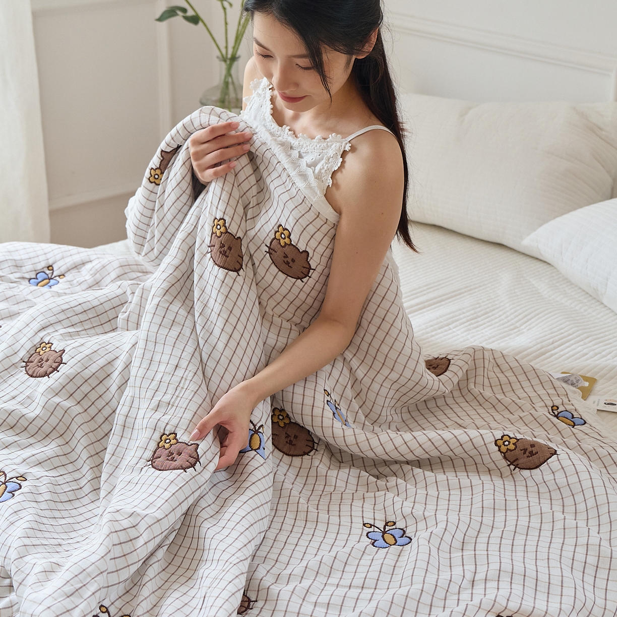 91家纺网 家纺一手货源 找家纺 沐瑟家纺 2026新款A类全棉纱布泡芙被春秋被被被子被芯 蝴蝶猫