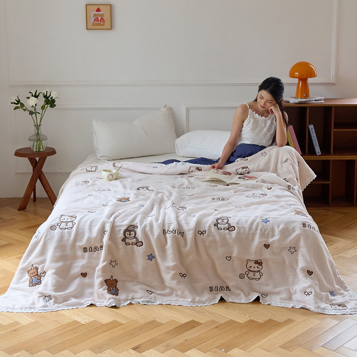 91家纺网 家纺一手货源 找家纺 沐瑟家纺 2026新款A类全棉纱布泡芙被春秋被被被子被芯 企鹅小熊