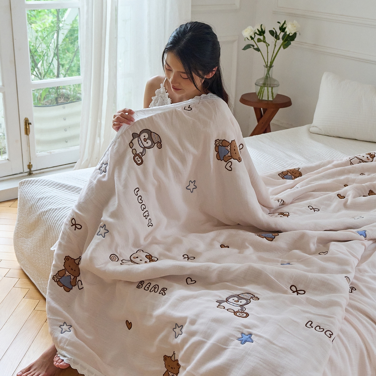 91家纺网 家纺一手货源 找家纺 沐瑟家纺 2026新款A类全棉纱布泡芙被春秋被被被子被芯 企鹅小熊