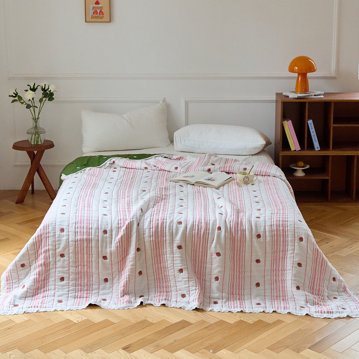 91家纺网 家纺一手货源 找家纺 沐瑟家纺 2026新款A类全棉纱布泡芙被春秋被被被子被芯 小草莓