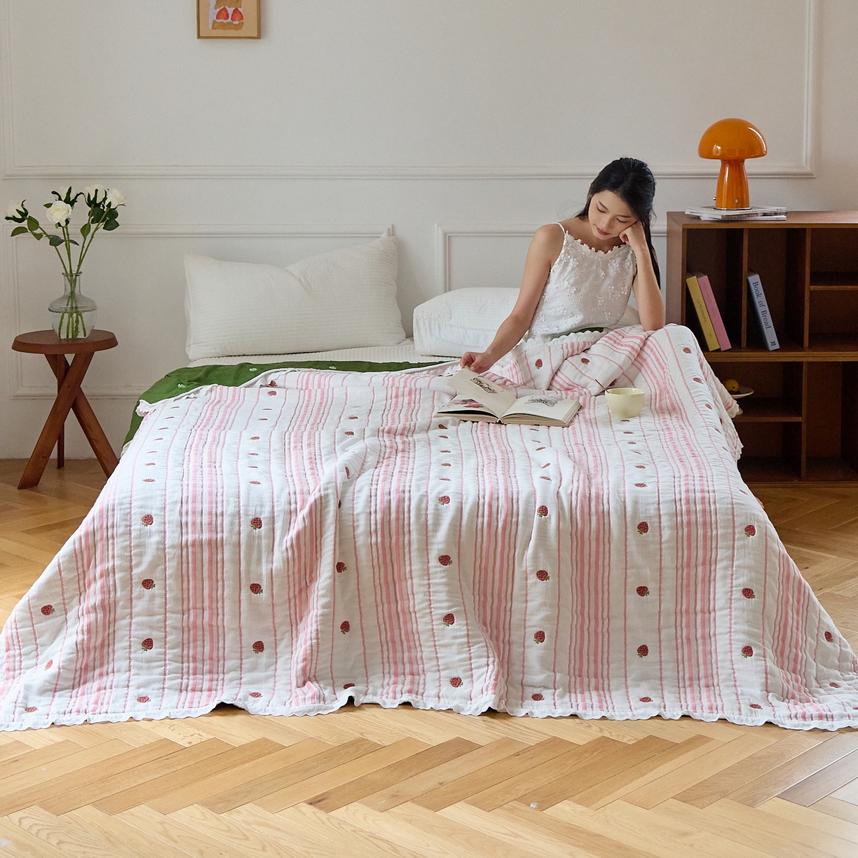 91家纺网 家纺一手货源 找家纺 沐瑟家纺 2026新款A类全棉纱布泡芙被春秋被被被子被芯 小草莓