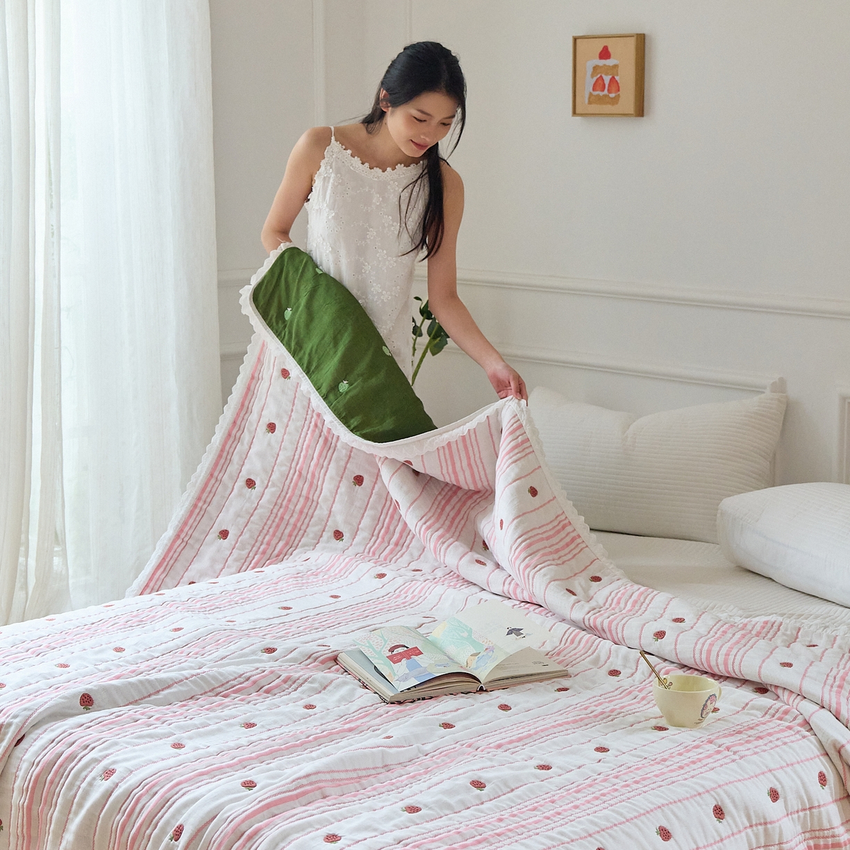 91家纺网 家纺一手货源 找家纺 沐瑟家纺 2026新款A类全棉纱布泡芙被春秋被被被子被芯 小草莓