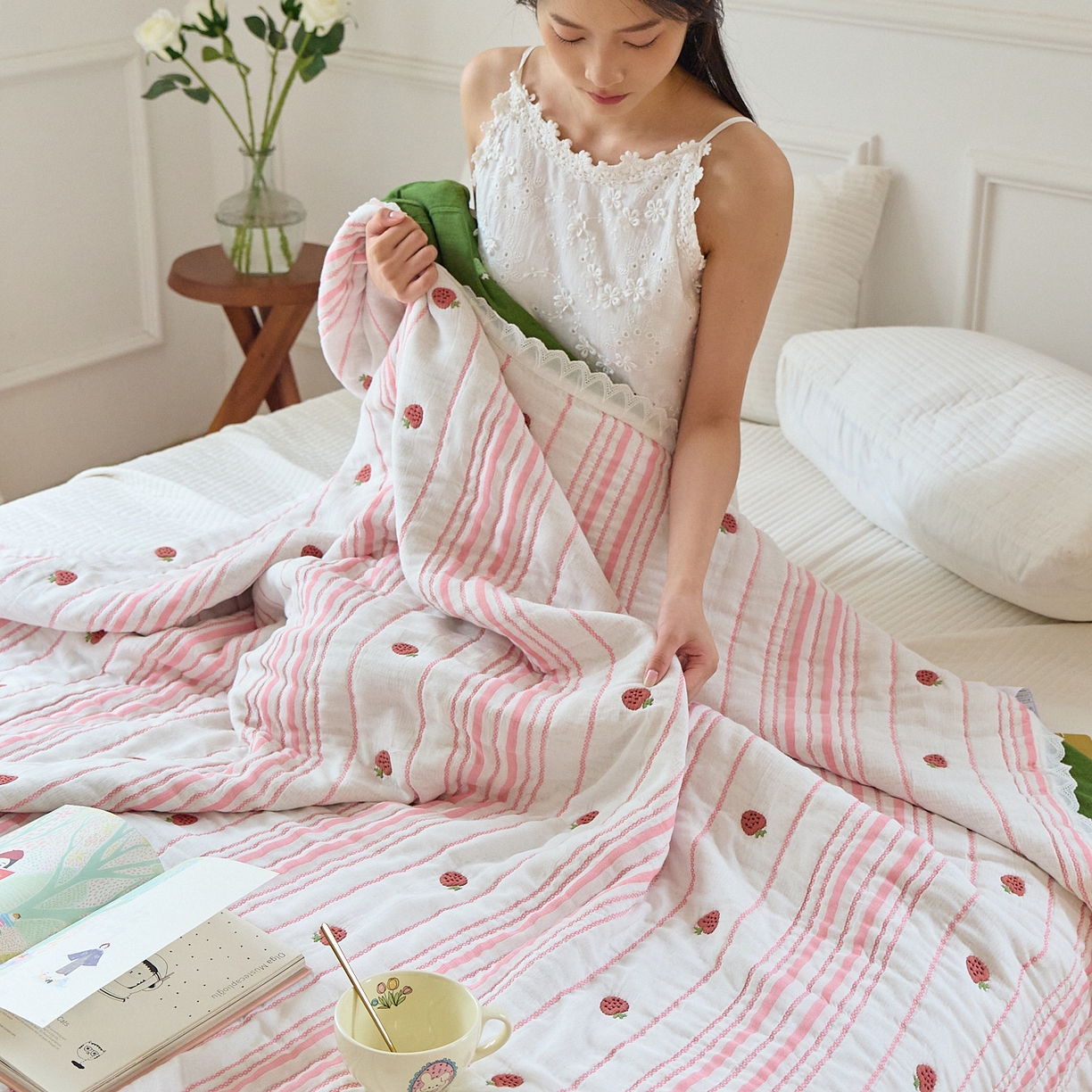 91家纺网 家纺一手货源 找家纺 沐瑟家纺 2026新款A类全棉纱布泡芙被春秋被被被子被芯 小草莓