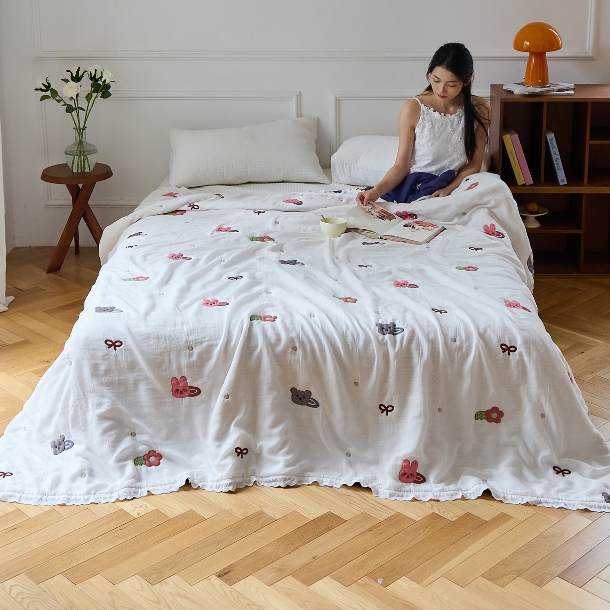 91家纺网 家纺一手货源 找家纺 沐瑟家纺 2026新款A类全棉纱布泡芙被春秋被被被子被芯 小熊发卡