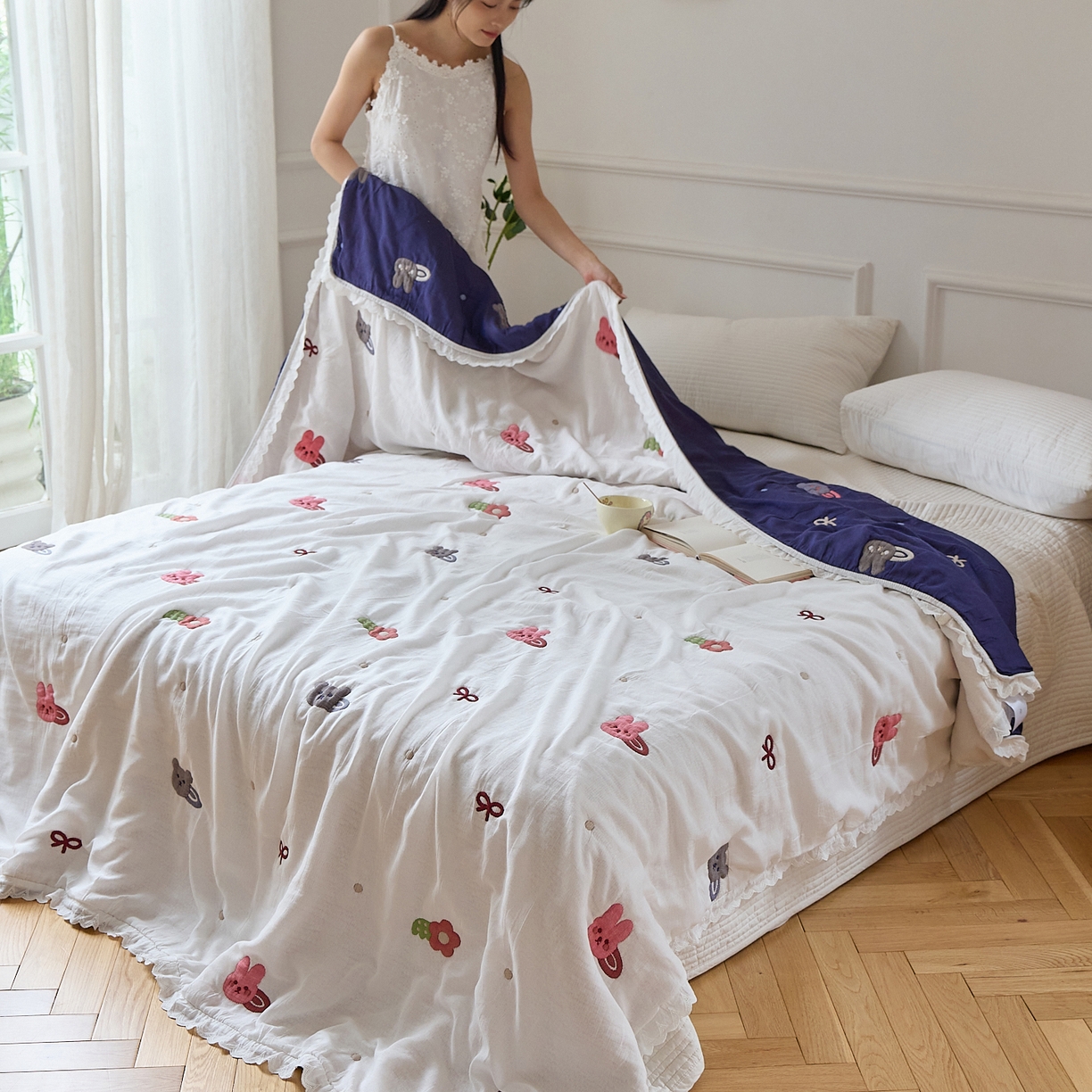 91家纺网 家纺一手货源 找家纺 沐瑟家纺 2026新款A类全棉纱布泡芙被春秋被被被子被芯 小熊发卡