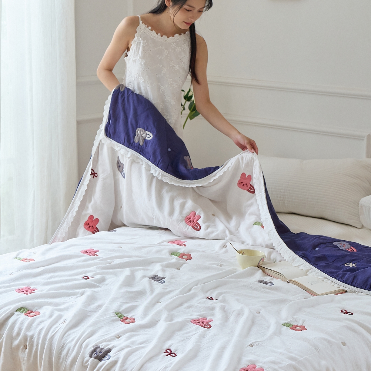 91家纺网 家纺一手货源 找家纺 沐瑟家纺 2026新款A类全棉纱布泡芙被春秋被被被子被芯 小熊发卡