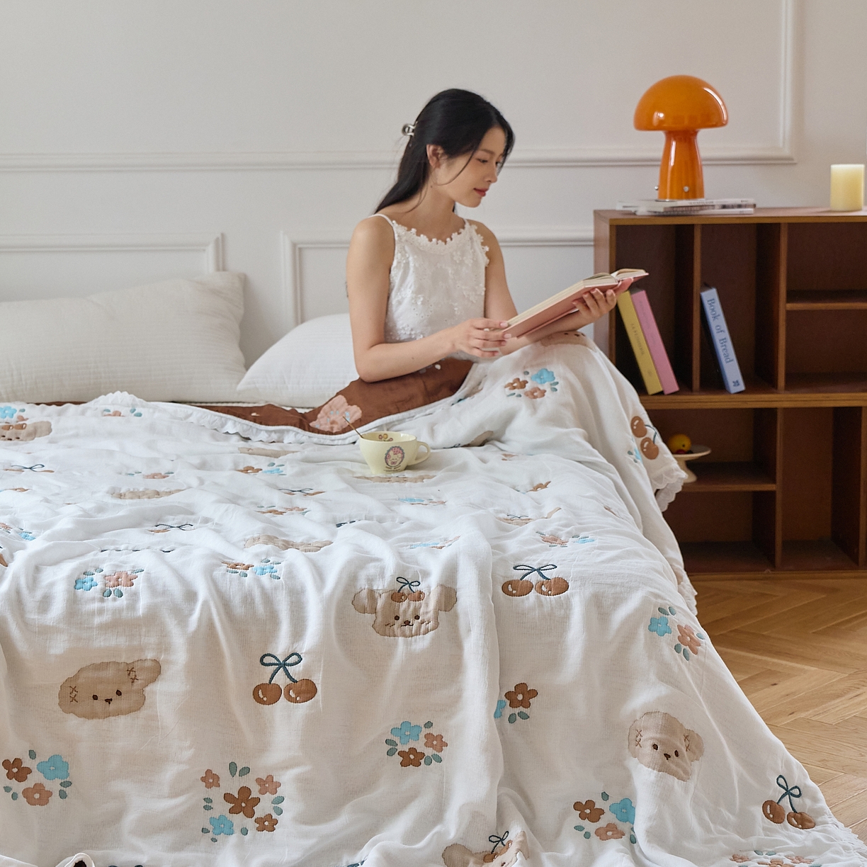 沐瑟家纺 2026新款A类全棉纱布泡芙被春秋被被被子被芯 樱桃狗