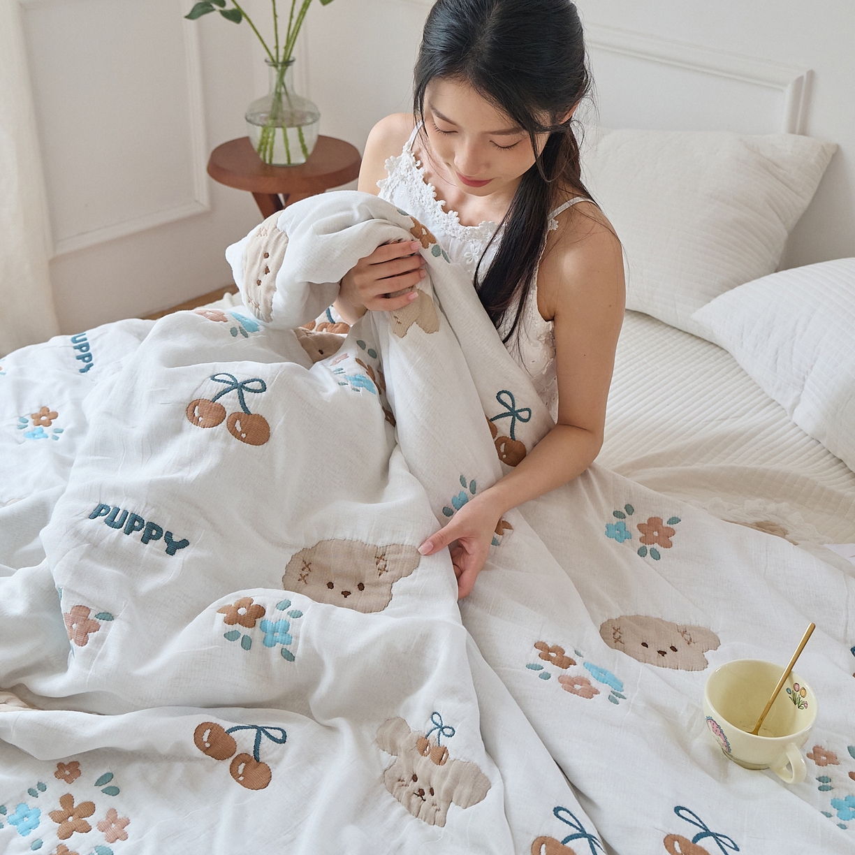 91家纺网 家纺一手货源 找家纺 沐瑟家纺 2026新款A类全棉纱布泡芙被春秋被被被子被芯 樱桃狗