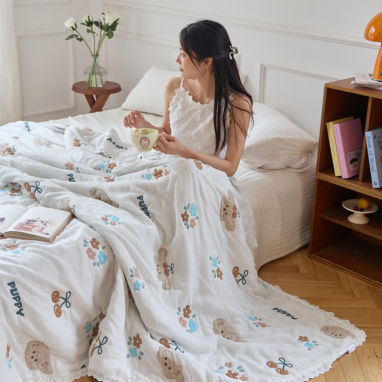 91家纺网 家纺一手货源 找家纺 沐瑟家纺 2026新款A类全棉纱布泡芙被春秋被被被子被芯 樱桃狗