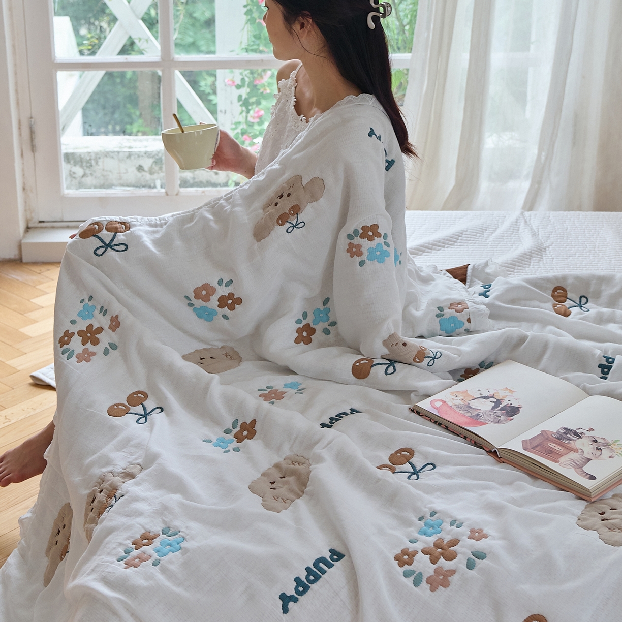 91家纺网 家纺一手货源 找家纺 沐瑟家纺 2026新款A类全棉纱布泡芙被春秋被被被子被芯 樱桃狗