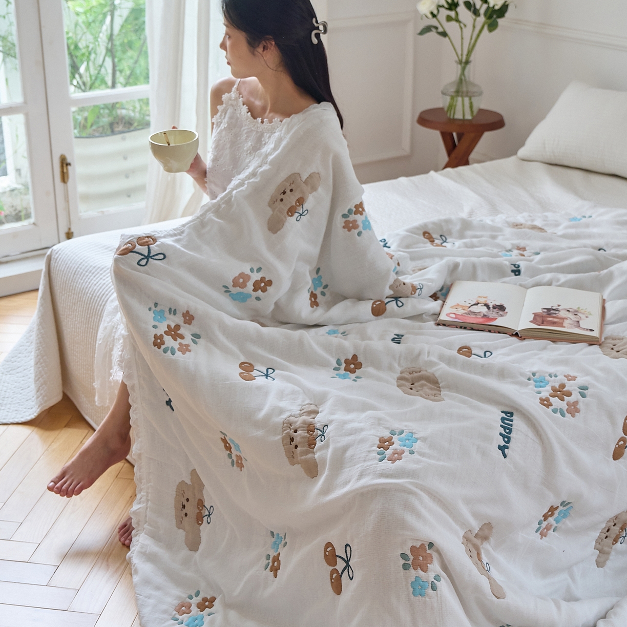 91家纺网 家纺一手货源 找家纺 沐瑟家纺 2026新款A类全棉纱布泡芙被春秋被被被子被芯 樱桃狗