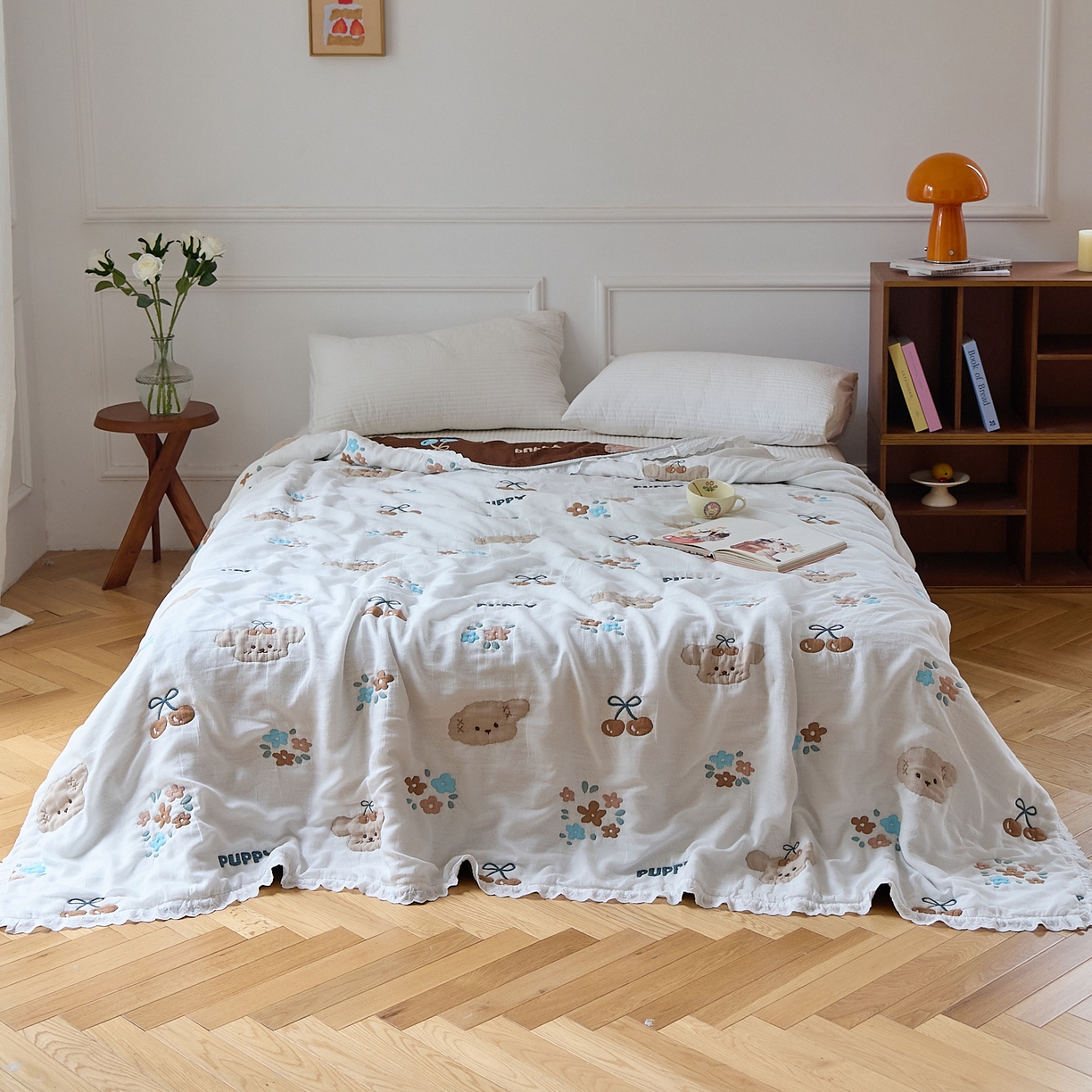 91家纺网 家纺一手货源 找家纺 沐瑟家纺 2026新款A类全棉纱布泡芙被春秋被被被子被芯 樱桃狗