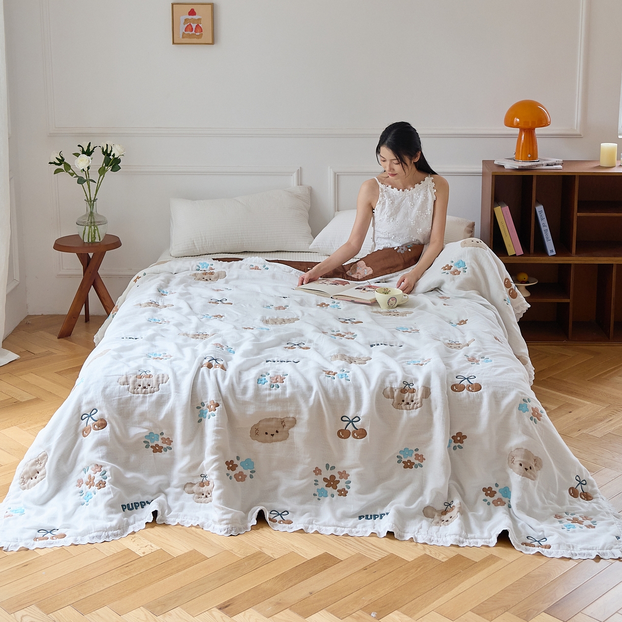 91家纺网 家纺一手货源 找家纺 沐瑟家纺 2026新款A类全棉纱布泡芙被春秋被被被子被芯 樱桃狗