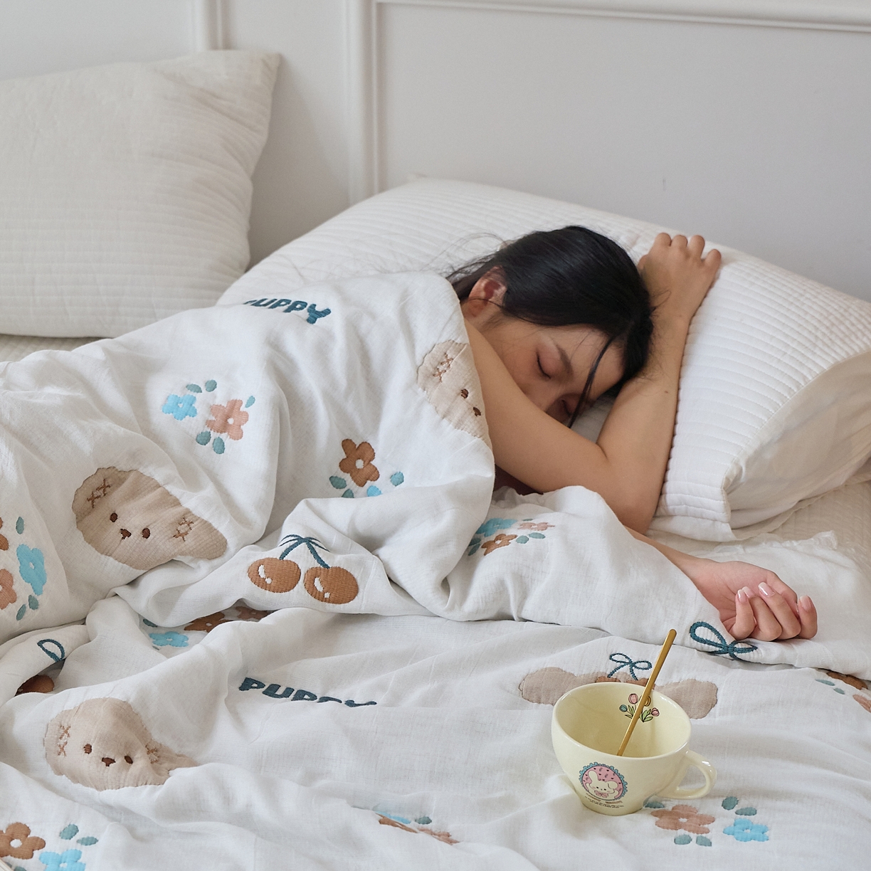 91家纺网 家纺一手货源 找家纺 沐瑟家纺 2026新款A类全棉纱布泡芙被春秋被被被子被芯 樱桃狗