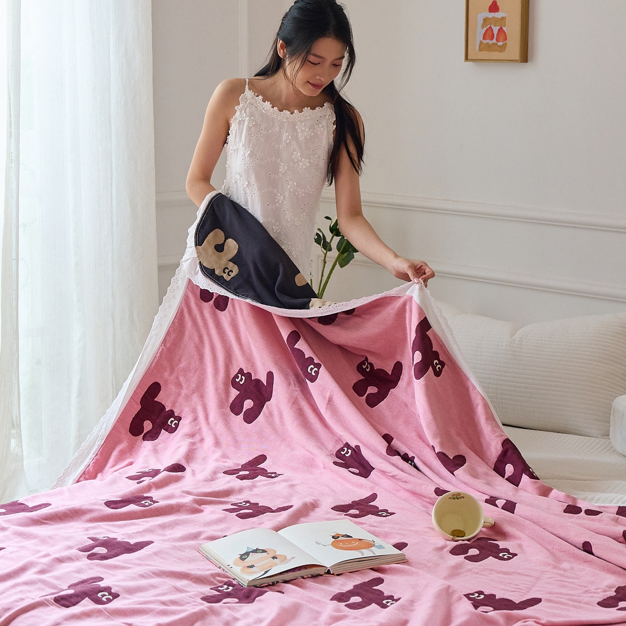 沐瑟家纺 2026新款A类全棉纱布泡芙被夏被被子被芯 玩偶猫