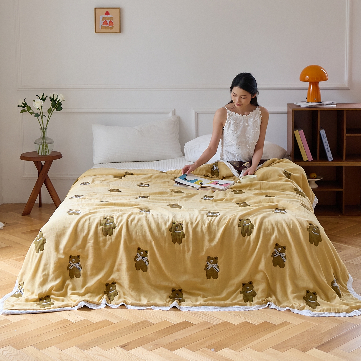 91家纺网 家纺一手货源 找家纺 沐瑟家纺 2026新款A类全棉纱布泡芙被夏被被子被芯 黄色小熊