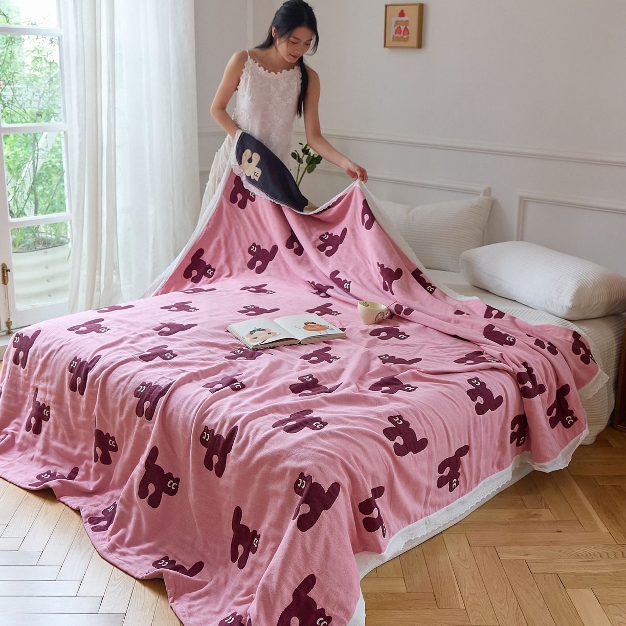 91家纺网 家纺一手货源 找家纺 沐瑟家纺 2026新款A类全棉纱布泡芙被夏被被子被芯 玩偶猫