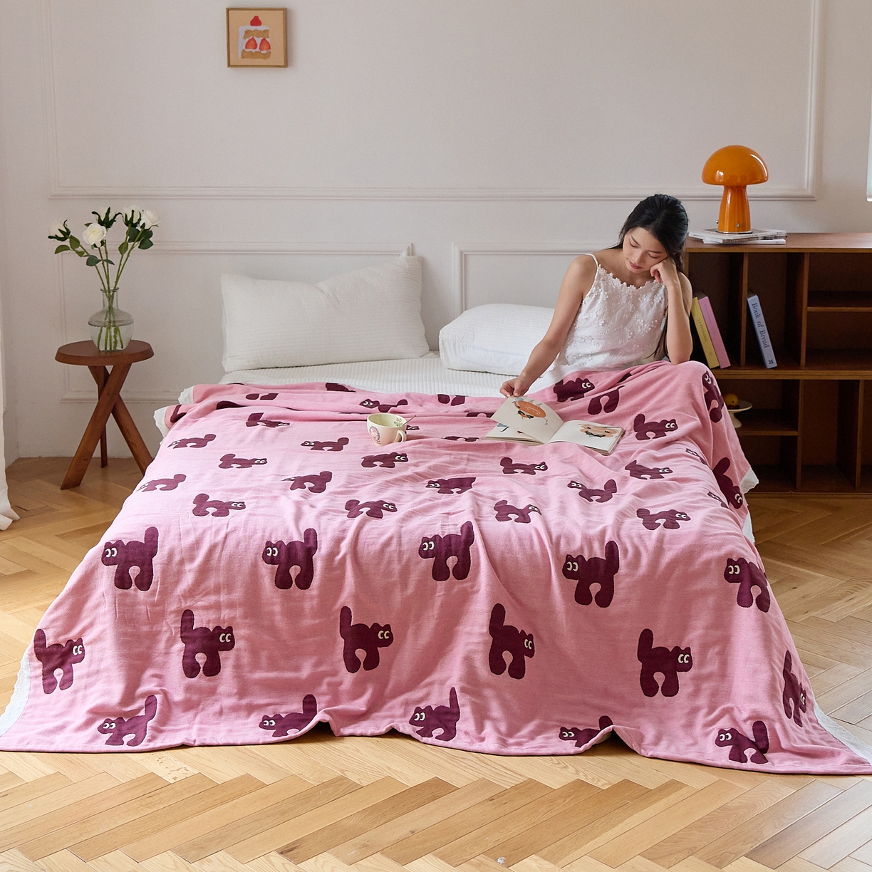 91家纺网 家纺一手货源 找家纺 沐瑟家纺 2026新款A类全棉纱布泡芙被夏被被子被芯 玩偶猫