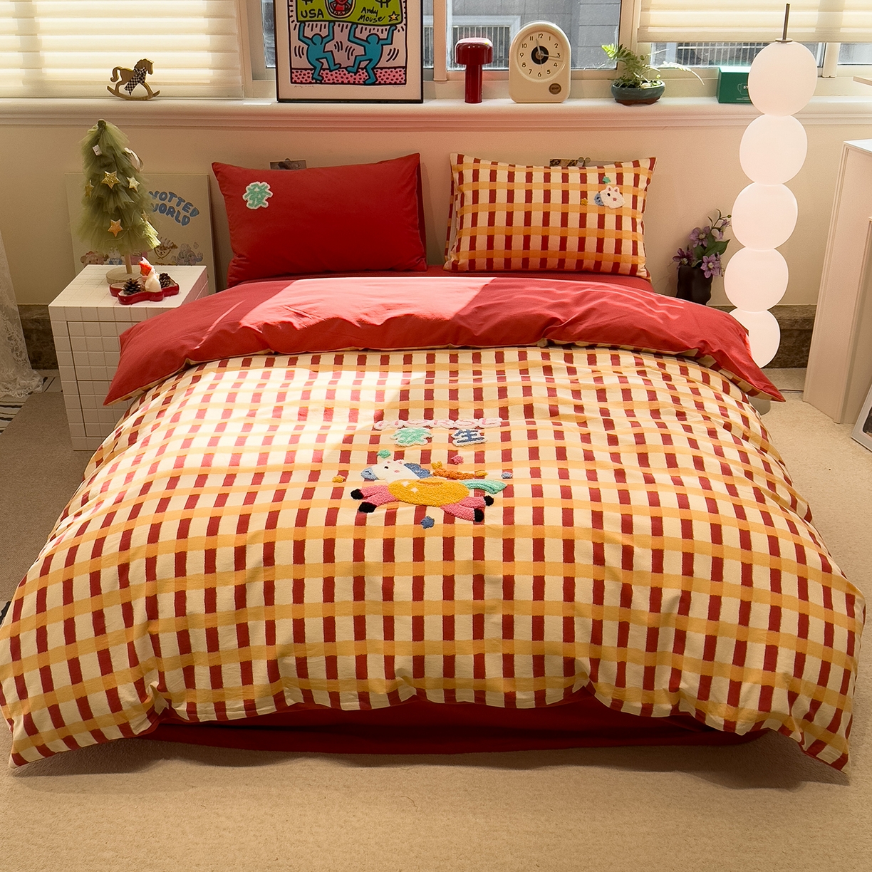 91家纺网 家纺一手货源 找家纺 珺柔家纺 2026新款马年全棉纯棉磨毛新春款四件套 HORSE发生